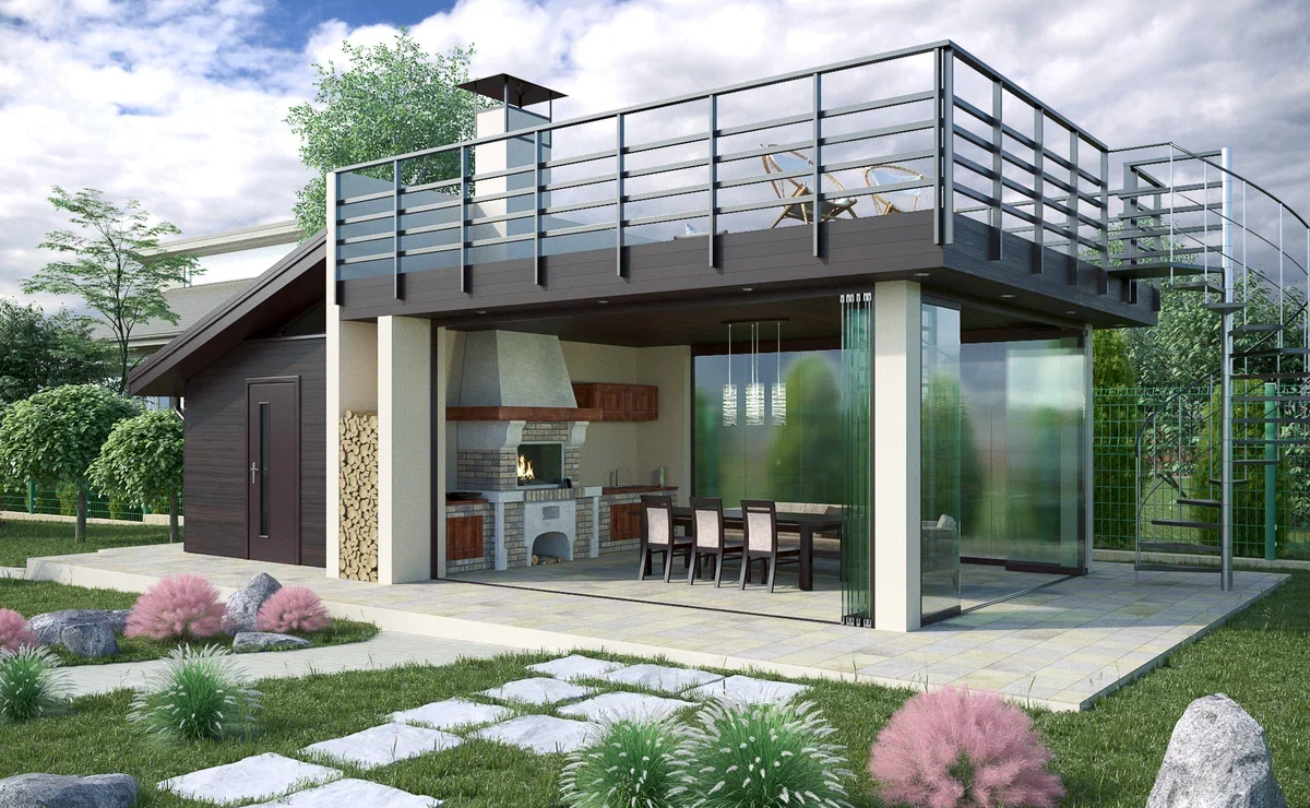 Изюминкой этого проекта стала стеклянная входная дверь, связывающая дизайн интерьера квартиры и природу. На террасе под навесом разместился милый столик и два кресла. Зона отдыха у дома специально сделана небольшой, поскольку на участке отдельно расположена зона барбекю. Уличная кухня мало чем отличается от «домашних». На ней, благодаря современной гриль-системе, можно готовить множество вкусных блюд, есть рабочая поверхность и мойка, большой стол.<br>
Зона отдыха включает два уровня. На втором можно отдохнуть или почитать книгу после обеда. <br><br>

Не последнюю роль в оформлении участка играет освещение: хорошо продуманные световые акценты не только освещают территорию, но и выполняют декоративную функцию. В данном проекте светильники установлены так, чтобы подчеркнуть наиболее удачные виды из окон и выделить приватные и публичные зоны. <br><br>

В проекте интересен подбор материалов – мощение, облицовка фасада и цоколя. Этот профессиональный прием связывает архитектуру и ландшафт. Внешняя отделка дома была выстроена на контрасте двух материалов: тёплого дерева и холодного камня. По всему периметру дома организованы композиции из кустарников разного уровня. Часть здания, облицованная лиственницей, создает гармонию между архитектурой и природой. <br><br>

Секрет этого проекта прост: самые передовые технологии проектирования и строительства. Классная архитектура. Гармоничный интерьер. Природные материалы. 