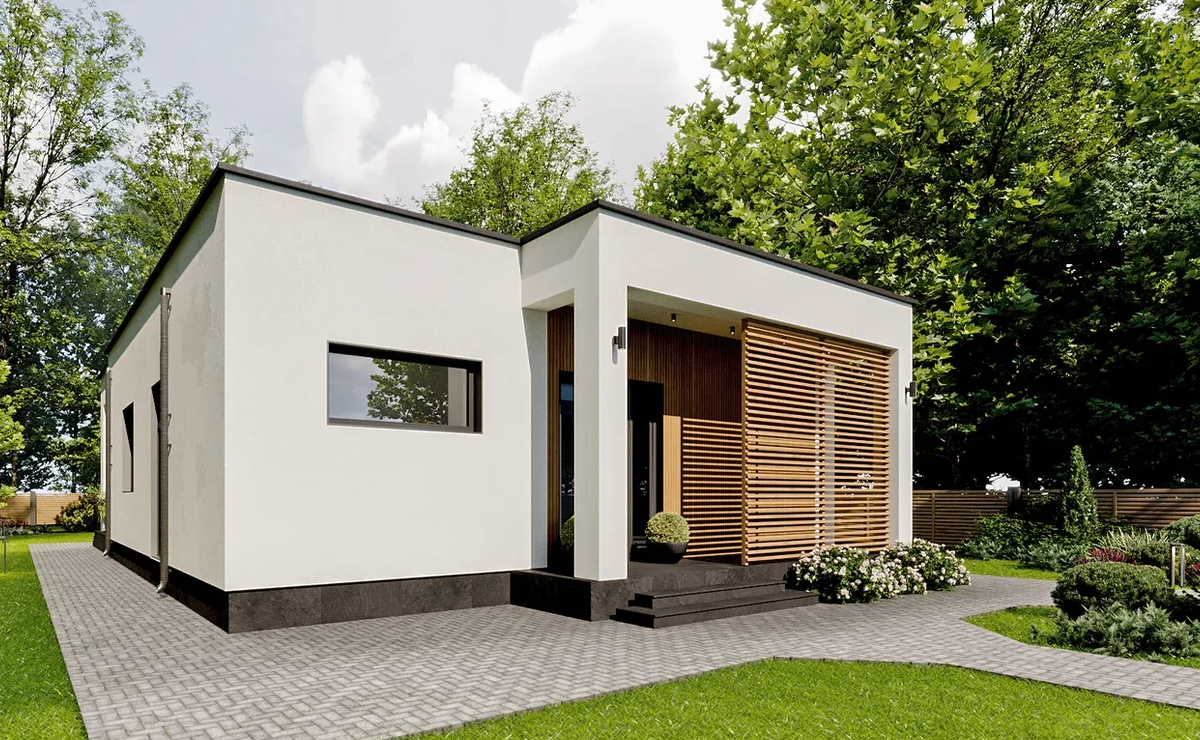 У одноэтажного дома современная архитектура, обусловленная его функцией и удобством. Мы стремились сместить фокус внимания на баланс современной архитектуры и природного окружения. Для этого сделали плоскую кровлю, просторную открытую террасу и панорамные окна.<br>
Плоская кровля смотрится современно и стильно. Вопреки распространенному мнению, на их эксплуатацию не влияет сила ветра или количество осадков в зимний период. <br>
Панорамные окна – ещё одна характерная особенность проекта: благодаря им внутри всегда много света, а любоваться окружающим ландшафтом можно из любого помещения. Планировка сделана таким образом, что в спальне есть отдельный выход. Летом отсюда приятно выйти прямо на террасу. <br>
Большая открытая терраса выходит в сад. Легкая, воздушная, наполненная светом она как нельзя лучше соответствует летнему настроению. Хозяйки отметили, что им приятно ощущать близость с природой, не покидая своего уютного дворика. <br><br>

В отделке фасада использовали самые стандартные приемы: декоративная камешковая штукатурка, дерево и керамогранит под камень. Эти ненавязчивые материалы и решения подчёркивают главенство природной составляющей, лаконичная архитектура не конфликтует с естественным окружением. <br><br>

В этом проекте очень удобная планировка: две спальни разделены между собой гардеробной и кабинетом, а для общего времяпрепровождения двух хозяек спроектирована кухня-гостиная. Из гостиной можно выйти на террасу – в теплое время года эти зоны легко объединить. <br>
Взаимное доверие помогало находить решения: задумки архитектора и пожелания заказчиков полностью совпали. 
