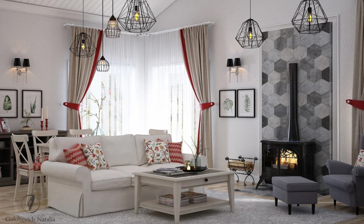 Ориентируясь на современную классику, добавили яркие краски,
которые наполняютпространство и делают его позитивным. Благодаря
цветовому сочетанию в интерьере дачного дома уживаются современные и классические детали. Так, в ванной комнате ансамбль составляют: акцентный красный мойдодыр, белая рама деревянная рама для зеркала, белая сантехника, светлые шторы с яркими цветочными мотивами.<br><br>
Кухня и гостиная расположены в одном помещении, чтобы создать
комфортную для общения обстановку. Вокруг камина, одного из центральных элементов гостиной, разместились симметричные окна,
яркие шторы которые связывают дизайн помещения воедино. Единство кухни-гостиной создается и при помощи кухонного гарнитура, классическое решение которого созвучно обеденному столу и стульям.<br><br>
Цветовым лейтмотивом спальни стали любимые заказчицей
кремовые оттенки. На стенах у окна разместили изящные белые бра.
Подобные светильники есть и в ванной, поэтому мы повторили прием:
хотелось, чтобы два помещения стали созвучны друг другу.<br><br>

Акцентом всего интерьера стала лестница. Предпочтение отдали
винтовой лестнице – отличный компромисс между местом и удобством. Подобная лестница занимает значительно меньше пространства, и подняться по таким ступеням не очень сложно. Акцентной лестница стала благодаря насыщенному красному цвету перилл и ступеней.