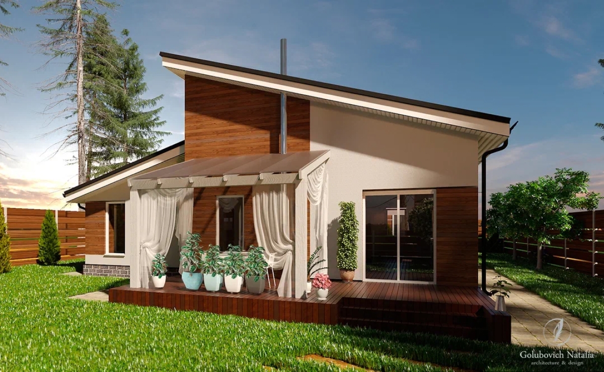 При проектировании сделали выбор в пользу односкатной крыши.
Поскольку это не самый дорогой и наиболее простой в исполнении вариант, особенно при небольшой ширине здания. Такая крыша характеризуется быстрым монтажом, упрощенной системой водостоков. Несмотря на некоторую простоту и непривычный внешний вид, популярность таких домов растет.<br><br>

Скошенные потолки в доме сложнее обыгрывать, чем стандартные, но
и результат получается совершенно иного уровня – интересный и
оригинальный.<br><br>

В проекте также предусмотрено чердачное пространство над
хозяйственным помещением, ванной комнатой и прихожей. В процессе строительства было принято решение организовать на чердаке жилое помещение. Идея создать дополнительное место (комнату отдыха) при небольшой площади всего дома была принята заказчицей с радостью. Такой прием – отличная возможность увеличить полезную площадь.<br><br>

Наружное пространство дома и природный ландшафт объединяет
небольшая открытая терраса. При отделке фасада дома предпочтение отдали современному облицовочному материалу – это планкен из лиственницы, толщиной 120мм, и штукатурке. Такой прием в последнее время набирает популярность и, что немаловажно, значительно экономит бюджет. Подобное сочетание и такой тип отделки идеально подходит для любого ландшафта. Если древесина правильно обработана, она сохраняет цвет и вид на долгие годы, радуя хозяев и поражая гостей.